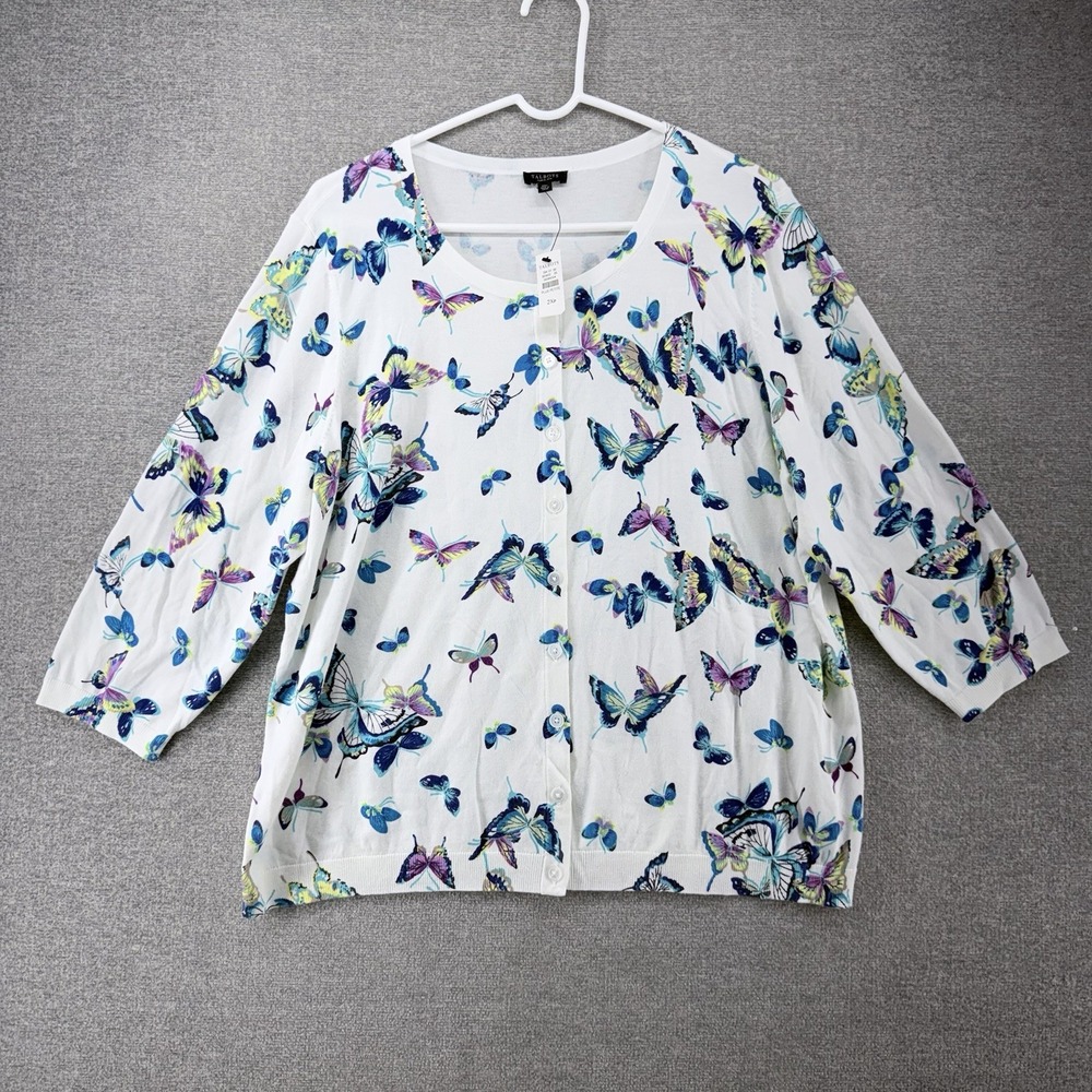 Talbots Charming Cardigan Women Size 2X White Butterfly Print Long Sleeve NEW